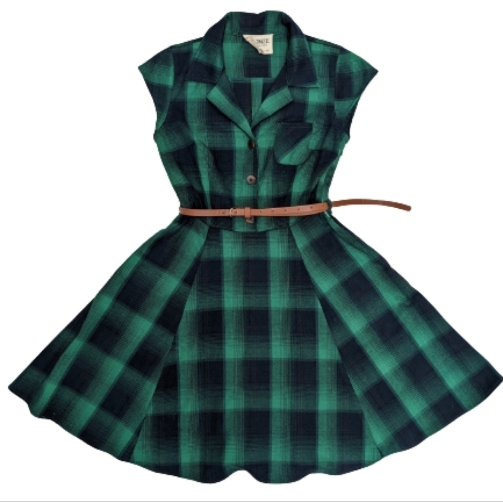 Boutique Onze belted green flannel buttoned shirtdress size XS